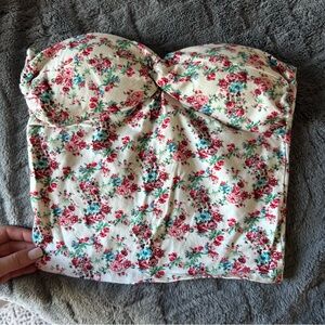 Floral Strapless Crop Top - Cream with Red & Teal Roses